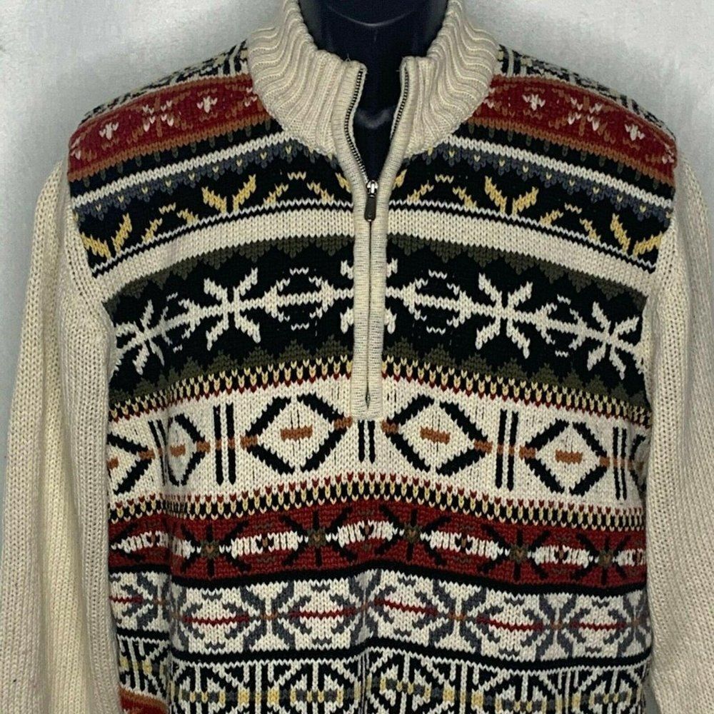 Izod Fair Isle Knit Sweater L Cream Pullover Mock